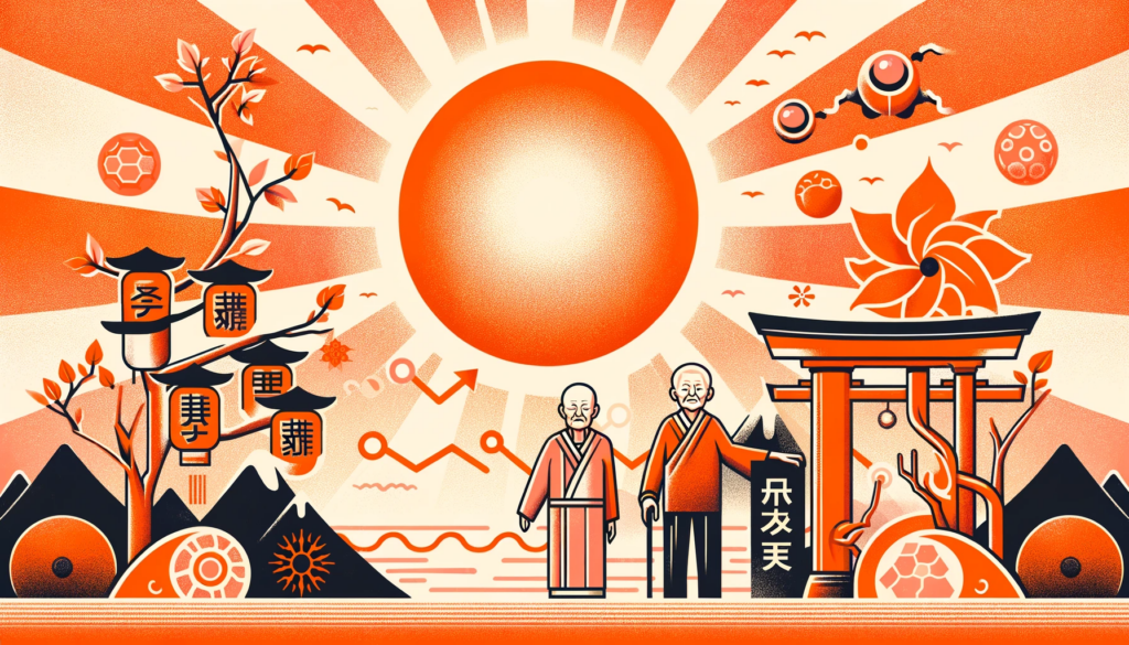 Ilustração de aumento no câncer de pele com envelhecimento, campanha Dezembro Laranja, com idosos japoneses e células cancerígenas sobre fundo laranja.